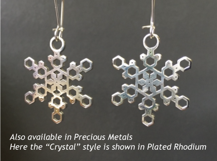 Powder Snowflake Earrings 3d printed Sample of snowflake earrings in Plated Rhodium ("Crystal" model)