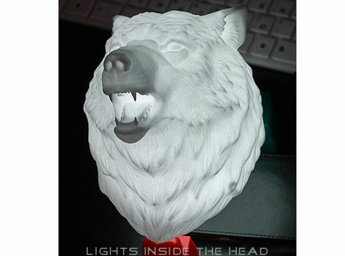 Angry Wolf Wall Mount 3d printed Wolf head in plastic, lights inside the head