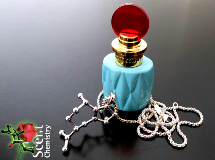 Rotundone 3d printed Rotundone pendant on a  Glam and Soul necklace with a miniature flacon of 'Miu Miu' (Miu Miu, 2015).