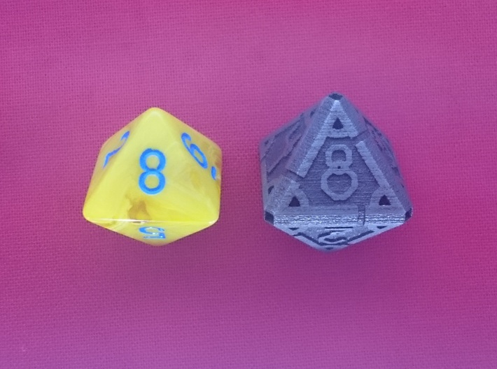 Vertex Dice RPG Set and Singles 3d printed With standard d8 for size comparision. And a bit of handpolishing.