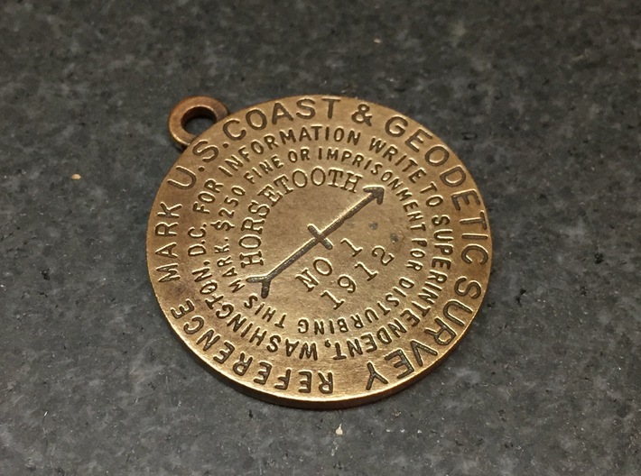 Horsetooth Mountain Benchmark Keychain 3d printed Raw bronze with patina. 