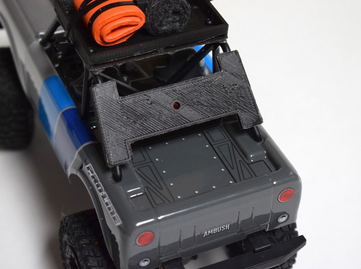 Spare Tire Rack/Mount for the Pro-Line Ambush 4x4  3d printed Prototype shown as printed in black PLA, medium quality.