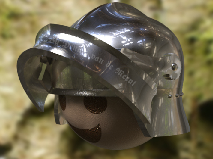 Playmobil - 15th century sallet with open visor 3d printed Render of the sallet in a historically accurate polish version - 3/4 view