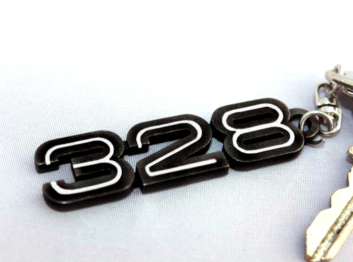 KEYCHAIN LOGO 328 IN BLACK 3d printed Keychain with the 328 logo in Matt Black Steel with white inserts