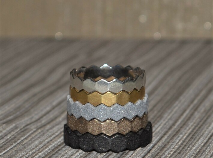 Hex Ringsaround Hexagon Geometric Ring Sizes 6-10 3d printed All sizes from 10 bottom to 6 on top