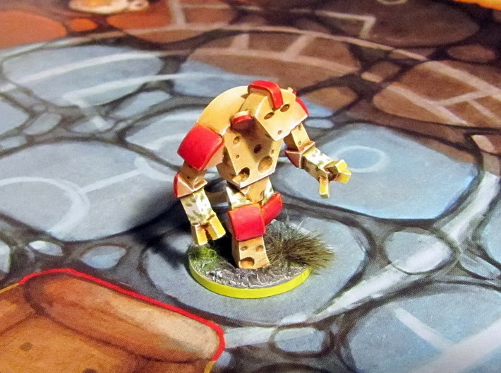 Cheese Golem - Mice &amp; Mystics 3d printed Model hand-painted &amp; based (front), after filing and sanding (game board with flagstones copyright Plaid Hat Games).