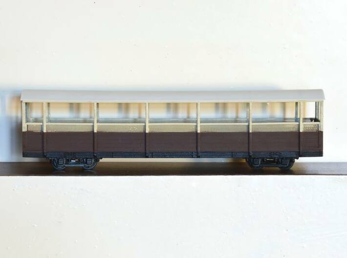 Vale of Rheidol Railway Open Coach (009) 3d printed Completed model with wire mesh, plasticard roof and bogies.