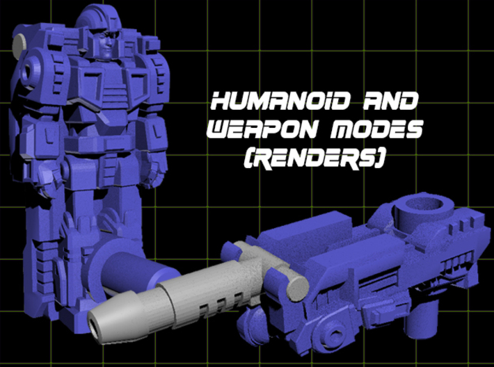 Diaclone Datson Specialist Weaponoids (5mm) 3d printed Render of &quot;Tyr Guas&quot; figure in both modes