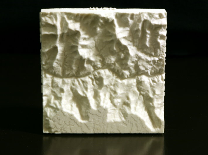 3'' Grand Canyon, Arizona, USA, Sandstone 3d printed Photo of model prototype, with raised writing instead of inset; North is up. Model as delivered will have inset writing.
