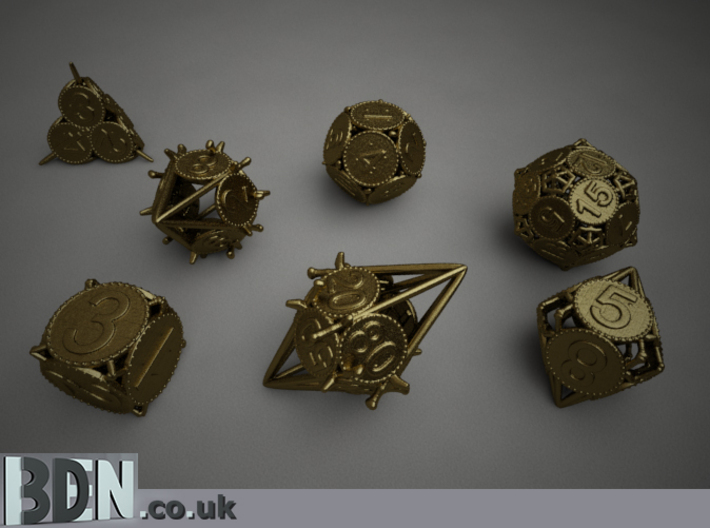Swords and Shields D&amp;D Dice set with Decader 3d printed Render of the set