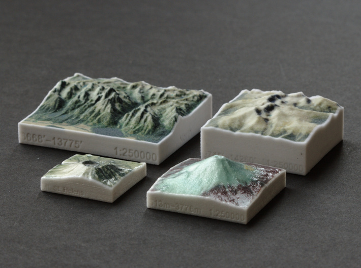 Grand Tetons, Wyoming, USA, 1:250000 Explorer 3d printed Photo alongside other mountains: Mt. St. Helens, Mt. Fuji, Longs Peak