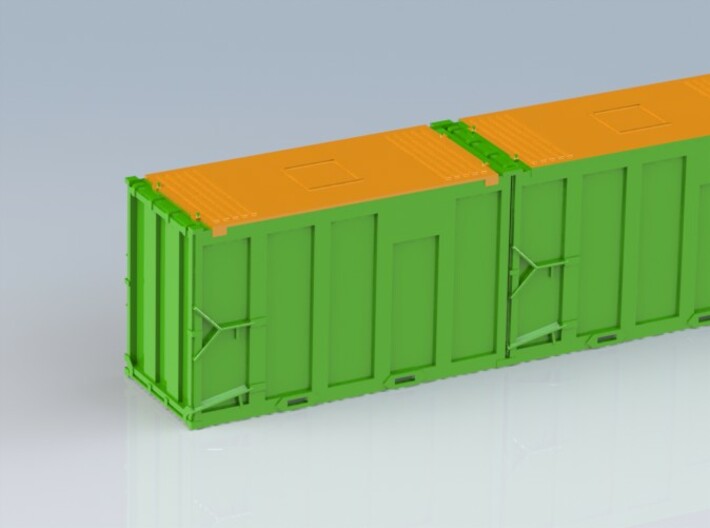 HO 1/87 MSW 4x Trash Containers for Atlas Flatcar 3d printed Colose up of one end of the CAD rendered model.