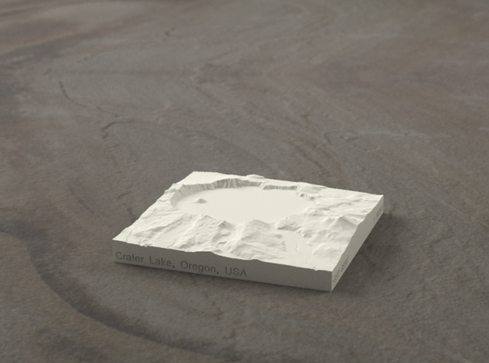 3'' Crater Lake, Oregon, USA, Sandstone 3d printed Radiance rendering of model, viewed from the south.