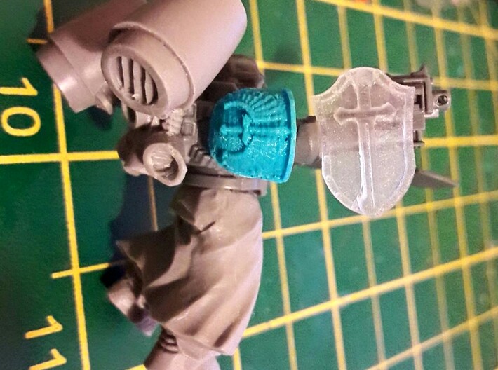 Arm-mounted Combat Shields (Sword Detail) 3d printed Space Marine shown for scale