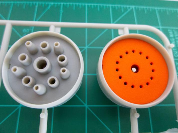 LED Mounting Disc - 1:350 Alternative Part 3d printed Printed part (right - orange) inside Bussard assembly motor housing compared with original kit part (left).