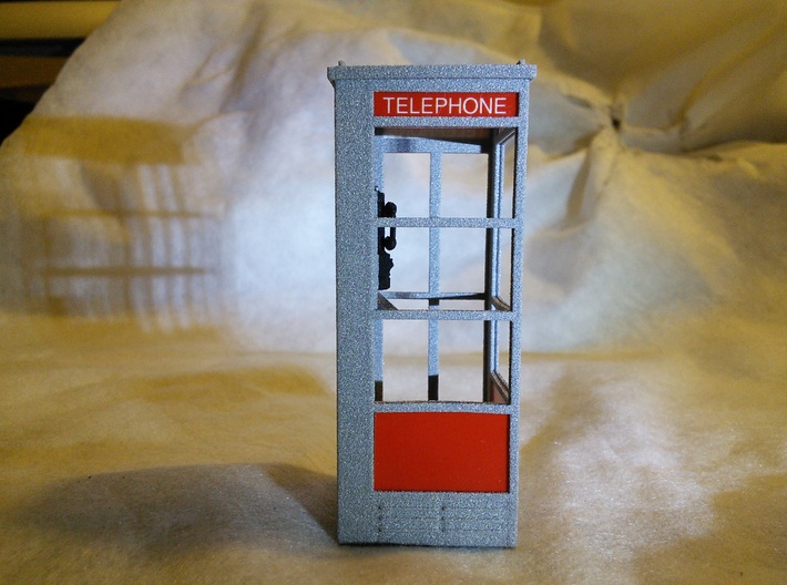 Telephone Booth, 1/32 Scale 3d printed Metallic plastic appears speckled and glittery when viewed close up.