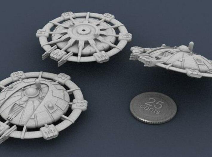 Martian Tharsis class Command Carrier 3d printed 3D Render of the Tharsis, showing 3 views, with a fake quarter for scale.