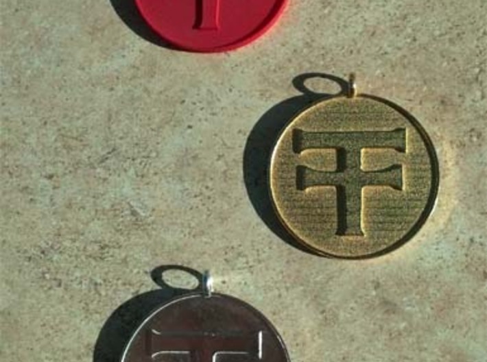 Navajo Water Sign Medallion 3d printed Pure silver (bottom), gold plated steel (middle) red nylon (top)