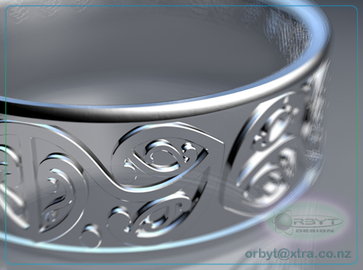 Koru Ring - US size 10 (19.9mm) 3d printed Closeup Raytraced DOF render simulating polished silver material