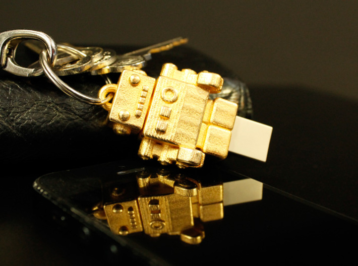 Gold USB Robot Drive, &quot;Bling Bob&quot; 3d printed keychain