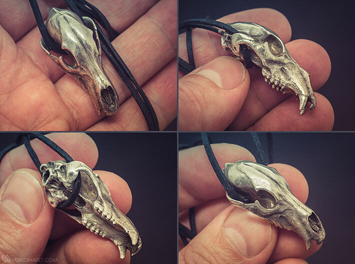 Bear Skull pendant, 4cm 3d printed RAW Silver. Slightly polished by hand