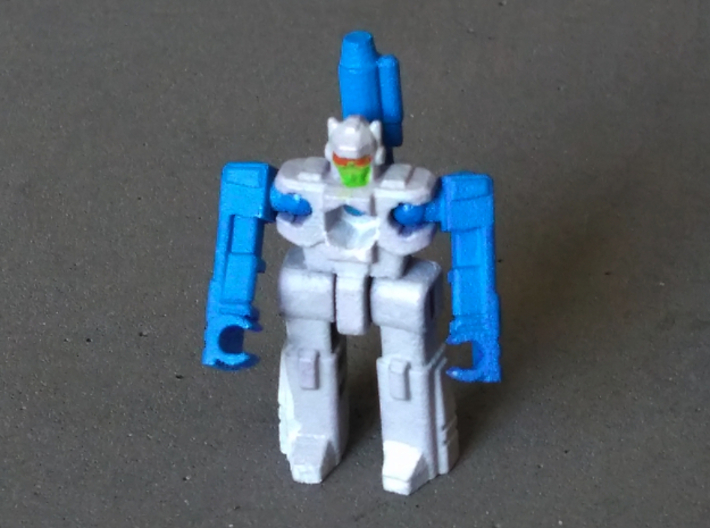 MicroSlinger "Squall" 3d printed Squall robot mode, front view. Painted with acrylics.