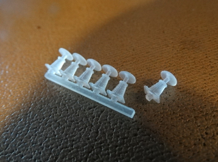 HO/OO Buffer Set, Long-Shank 3d printed When removing the buffers from their sprue, modelers can choose whether or not to retain the small mounting peg.