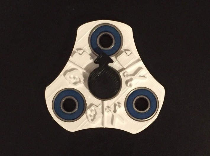 Rock, Paper, Scissor, SPIN! 3d printed White with blue bearings and black cap