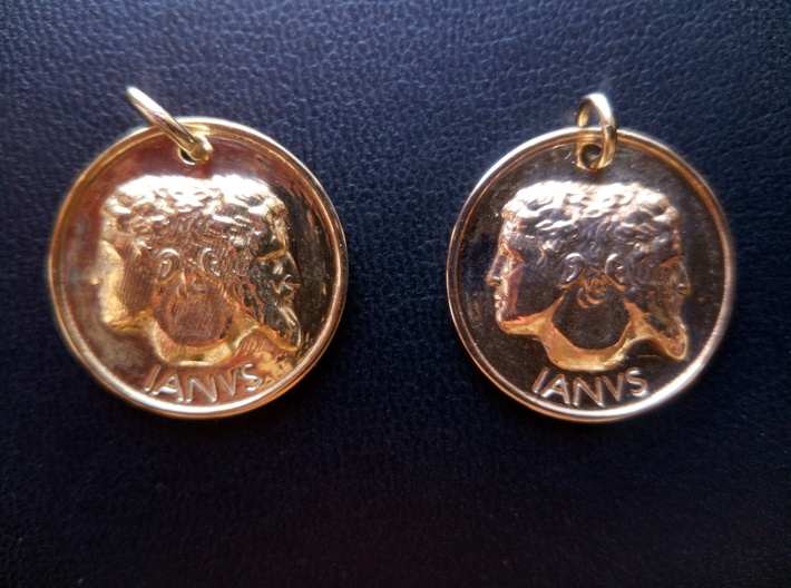 Janus Pendant 3d printed Polished brass (left) and bronze (right)