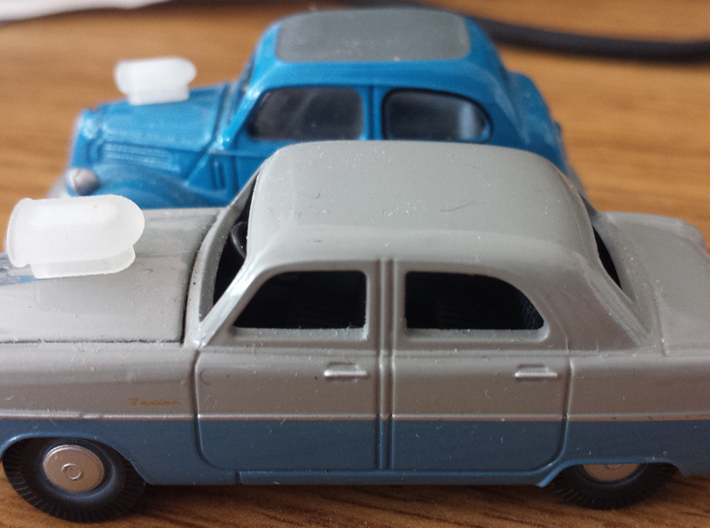 1:43rd scale 70s style custom car hood scoops 3d printed 1:76th scale versions test fitted to Oxford Diecast models.