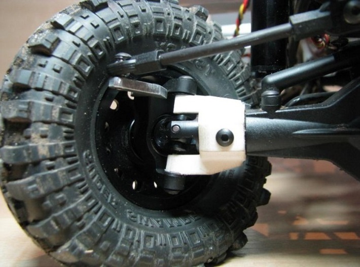 Axial SCX C-hub left side V2 3d printed c-hub mounted with high-clearance knuckle and xr10-universals