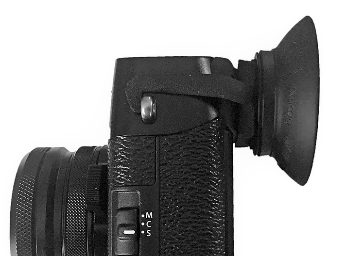 Eyecup adapter for X100F 3d printed Camera with adapter and Eyecup attached. Image by www.dannourieimages.com