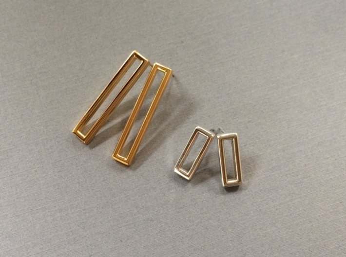 Minimalist Post Earrings, Rectangular Studs 3d printed 18K Gold Plated and Polished Silver