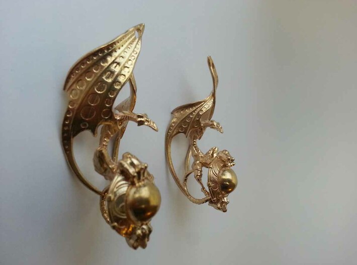 LUX DRACONIS earring pair   3d printed LUX DRACONIS dragon earrings, 3D printed in brass
