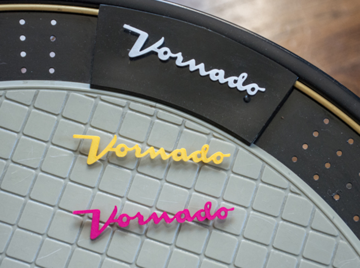 Replacement Badge for Vornado Table Fan 3d printed Printed badge shown in White, Yellow, and Purple strong &amp; flexible.