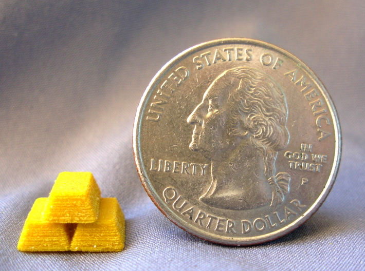 Gold Bars For Stone Age, Set of 10 3d printed Sized next to a US Quarter