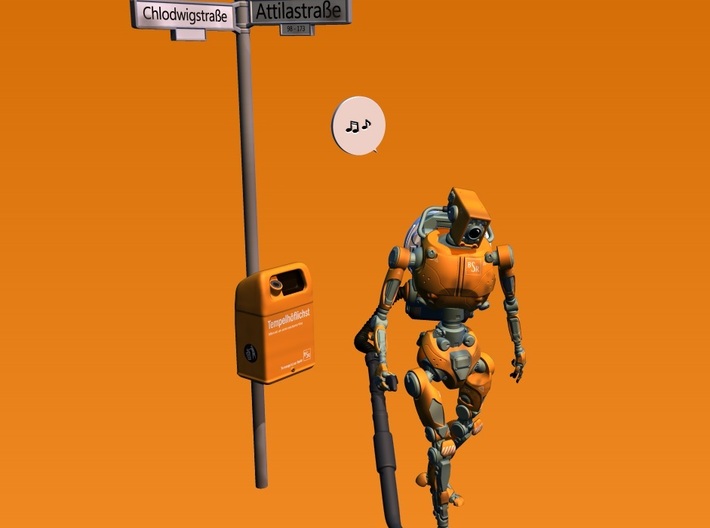 streetsign and trashcan Berlin style 1:32 scale 3d printed ONLY the streetsign with trashcan! Robot is available separately.