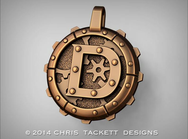 Steampunk Monogram Pendant &quot;D&quot; 3d printed ZBrush Rendering approximating a bronze finish. Actual Bronze finish may look a bit different.