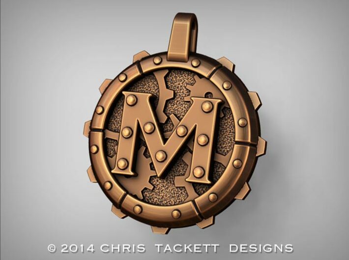 Steampunk Monogram Pendant &quot;M&quot; 3d printed ZBrush Rendering approximating a bronze finish. Actual Bronze finish may look a bit different.