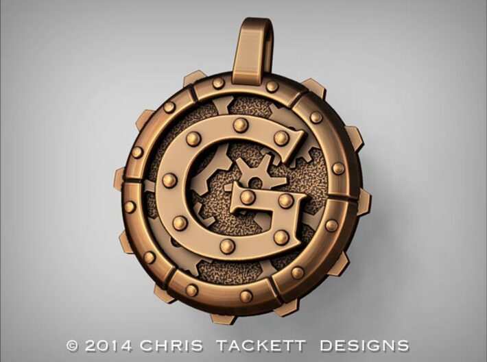 Steampunk Monogram Pendant &quot;G&quot; 3d printed ZBrush Rendering approximating a bronze finish. Actual Bronze finish may look a bit different.