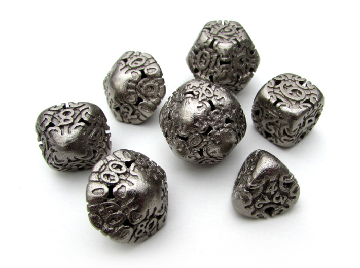 Art Nouveau Dice Set with Decader 3d printed In Polished Nickel Steel