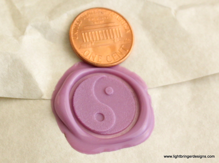 Yinyang Wax Seal 3d printed Wax impression in Lavender sealing wax, penny for scale.  