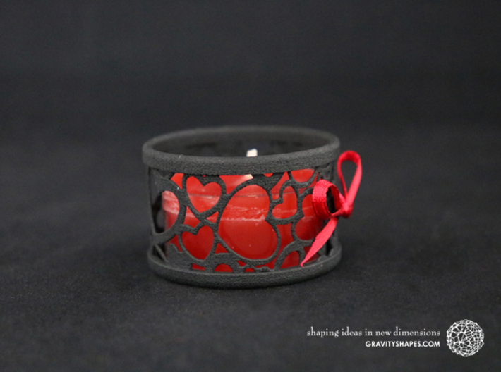 Small tealight holder with Hearts  3d printed The photo shows a print made of black strong and flexible incl. red lacing.