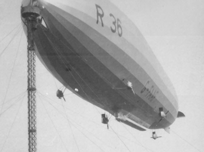 R36 1/1250 &amp; 1/1200 scale (FD) 3d printed R36 at the 120ft high mast (with no lift!) at Pulham, Norfolk, England (photo: Airship Heritage Trust)