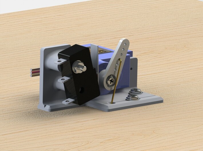 Railroad point, switch, turnout Servo Bracket x 4 3d printed CAD render, showing the bracket assembled with Servo & Microswitch etc.