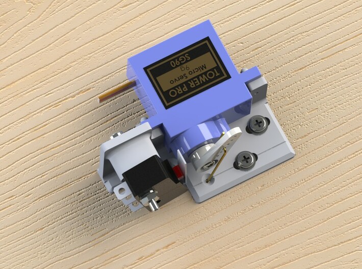 Railroad point, switch, turnout Servo Bracket x 4 3d printed CAD render, showing the bracket assembled with Servo & Microswitch etc.