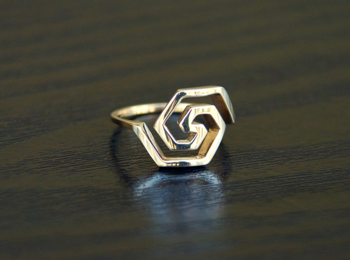 Bold Hexagonal Spiral Ring, Size 8 3d printed Polished Bronze