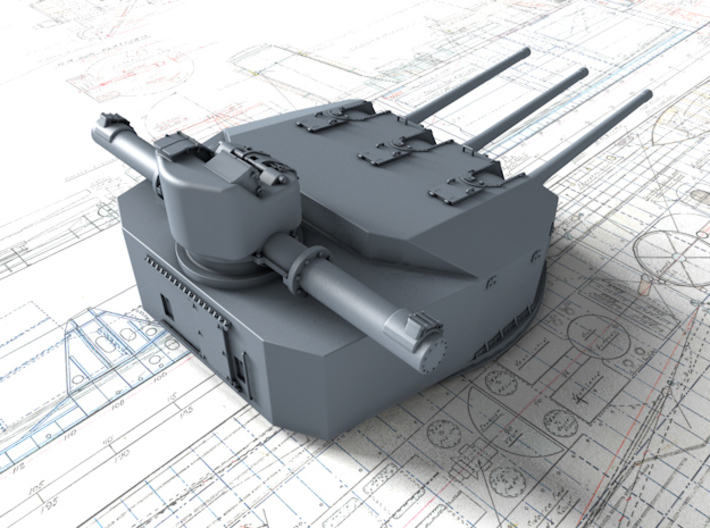 1/400 Richelieu 152 mm/55 Model 1930 Guns (1943) 3d printed 3d render showing Port and Starboard Turret detail