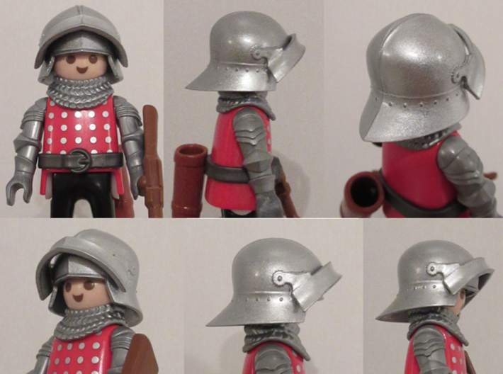 Medieval Sallet compatible with playmobil figure 3d printed High Definition Acrylate painted with silver spray paint