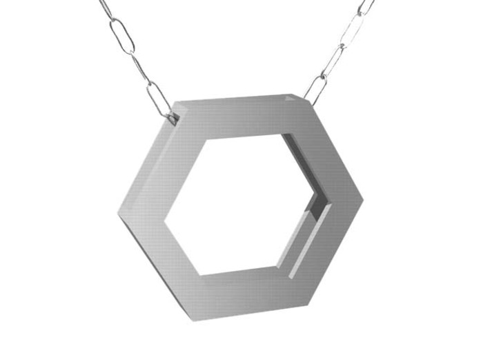Simple Hexagon Pendant 3d printed It might look like this in Stainless Steel.